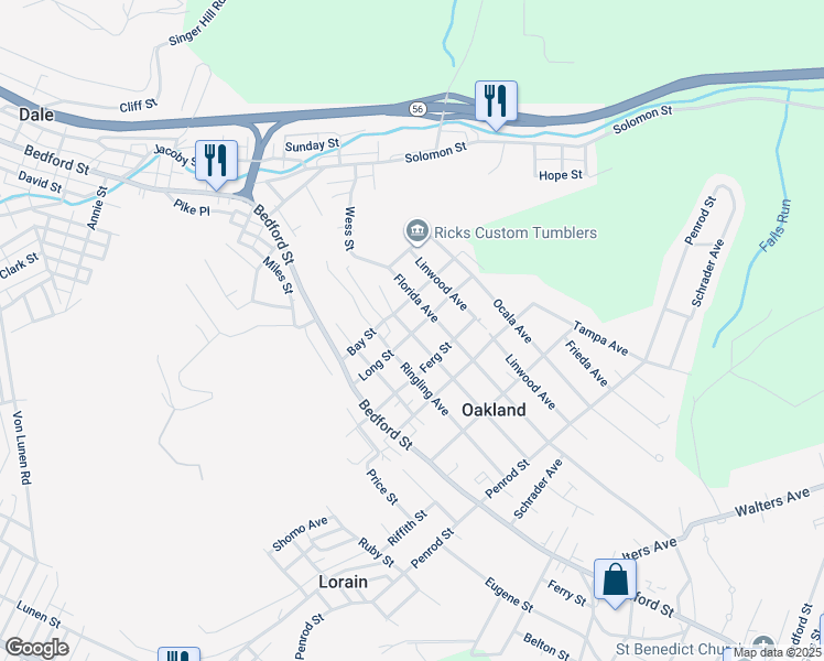 map of restaurants, bars, coffee shops, grocery stores, and more near 698 Long St in Johnstown