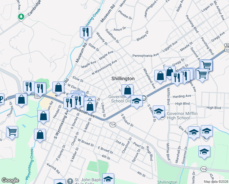 map of restaurants, bars, coffee shops, grocery stores, and more near 138 East Elm Street in Shillington