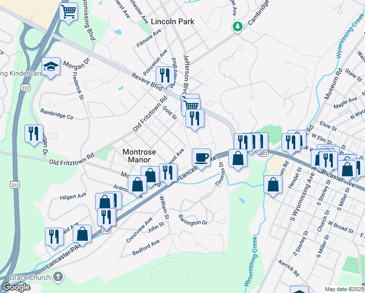 map of restaurants, bars, coffee shops, grocery stores, and more near 2 Beverly Avenue in Reading