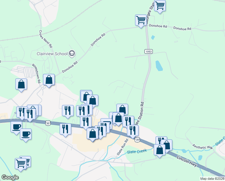 map of restaurants, bars, coffee shops, grocery stores, and more near 152 Twin Run Road in Greensburg