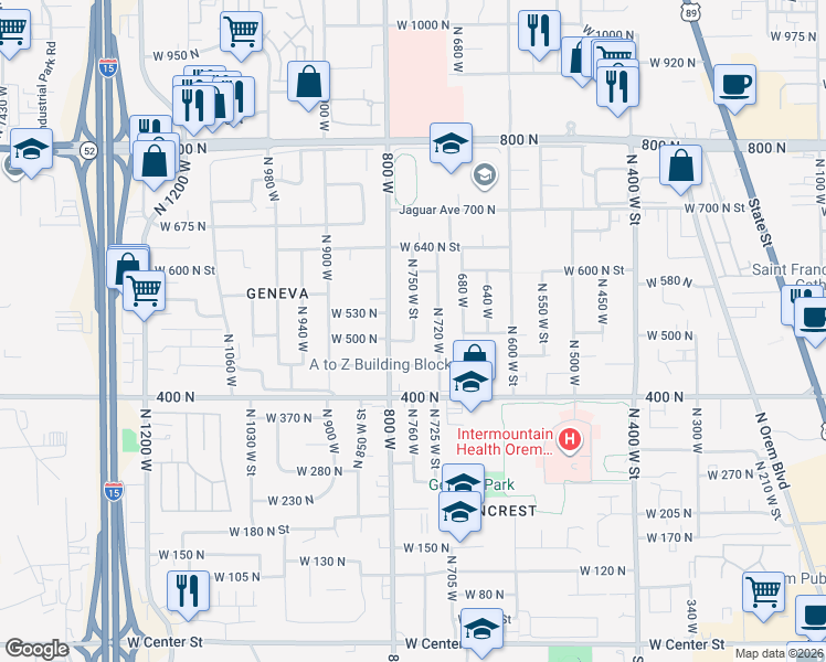 map of restaurants, bars, coffee shops, grocery stores, and more near 489 North Beverly Avenue in Orem