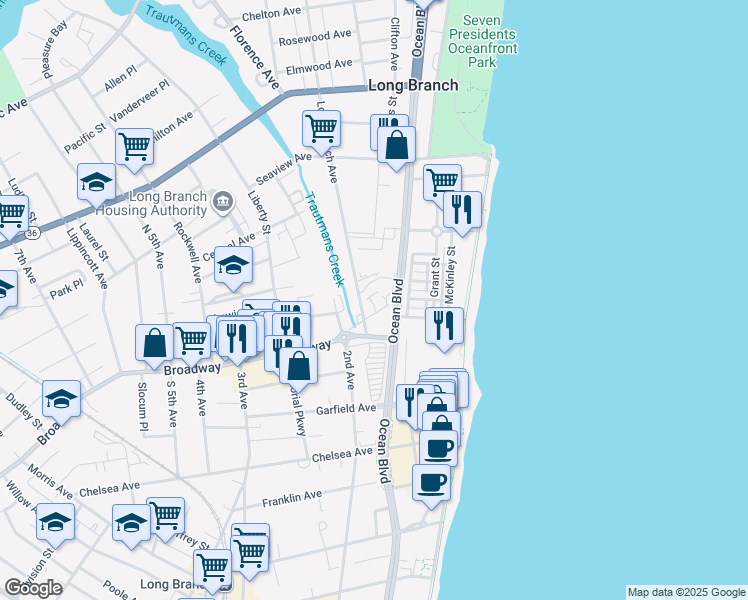 map of restaurants, bars, coffee shops, grocery stores, and more near 13 Long Branch Avenue in Long Branch