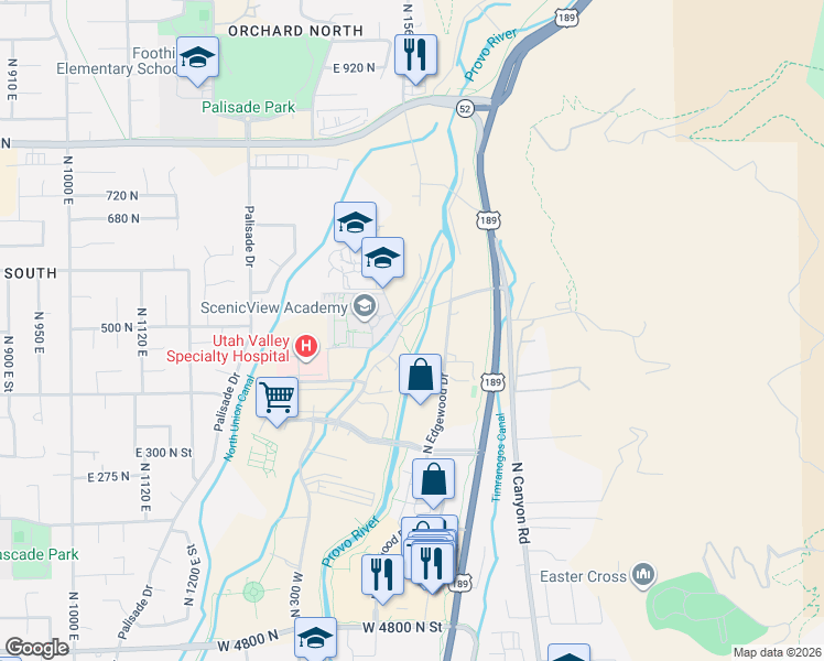 map of restaurants, bars, coffee shops, grocery stores, and more near 219 West Tristan Lane in Provo