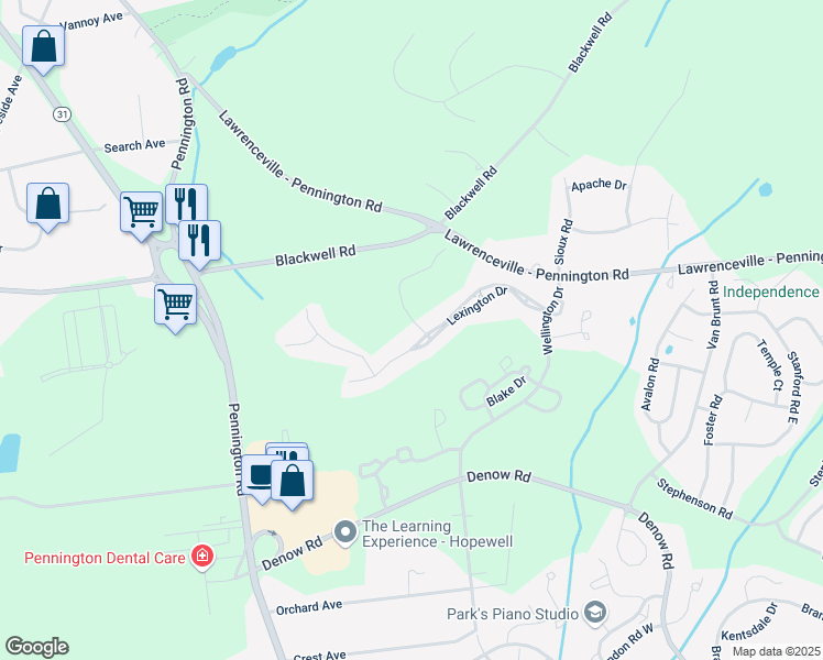 map of restaurants, bars, coffee shops, grocery stores, and more near 3 Buckingham Drive in Pennington