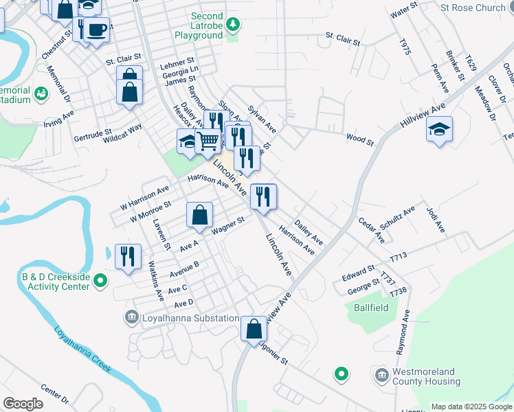 map of restaurants, bars, coffee shops, grocery stores, and more near 2106 Lincoln Avenue in Latrobe