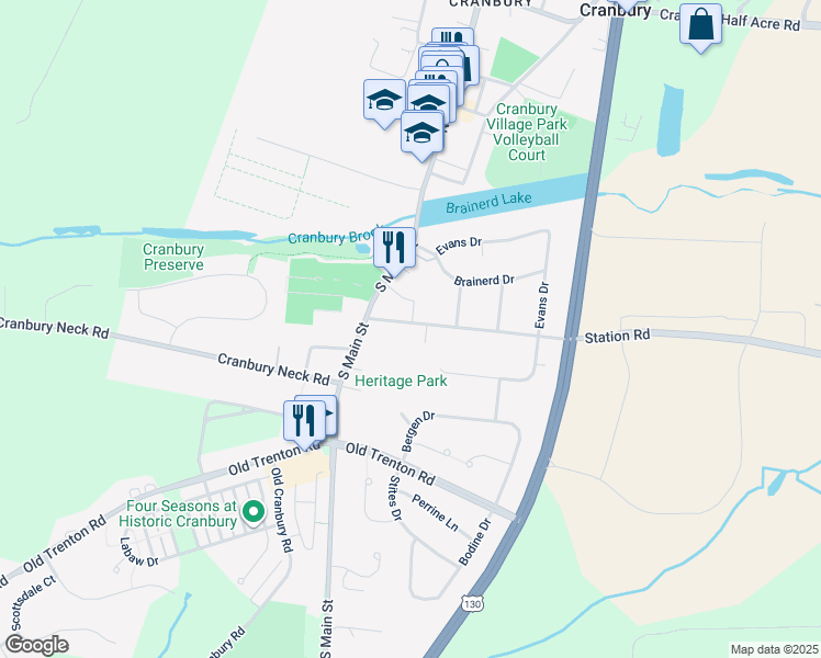 map of restaurants, bars, coffee shops, grocery stores, and more near 16 Station Road in Cranbury