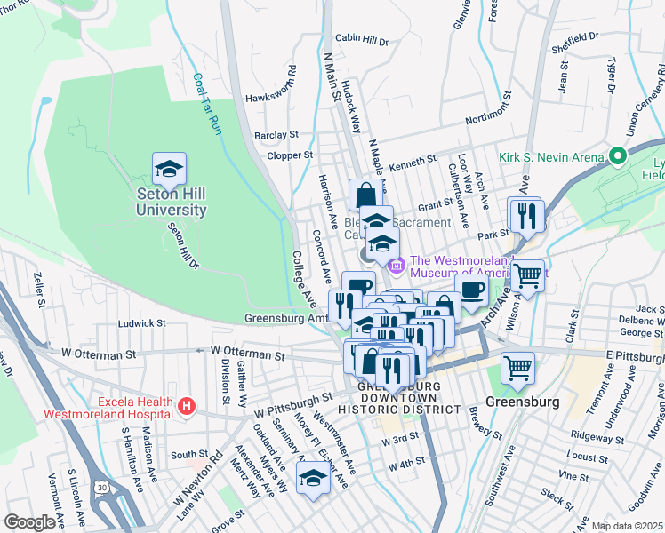 map of restaurants, bars, coffee shops, grocery stores, and more near 325 Concord Avenue in Greensburg
