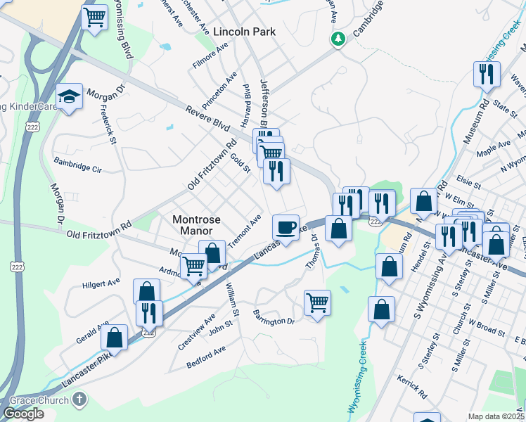 map of restaurants, bars, coffee shops, grocery stores, and more near 2 Beverly Avenue in Reading