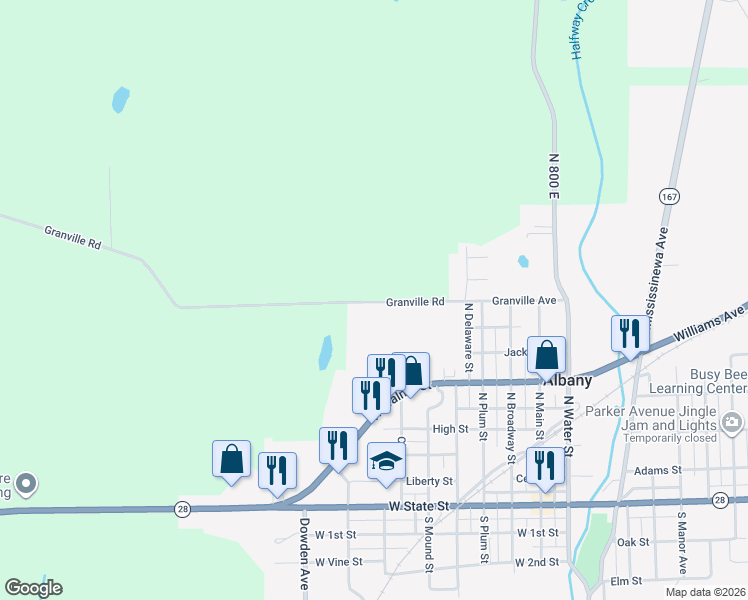 map of restaurants, bars, coffee shops, grocery stores, and more near 12200 Granville Road in Albany