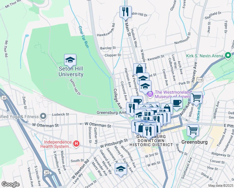 map of restaurants, bars, coffee shops, grocery stores, and more near 337 College Avenue in Greensburg