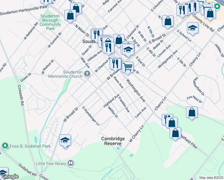 map of restaurants, bars, coffee shops, grocery stores, and more near 32 Franklin Avenue in Souderton