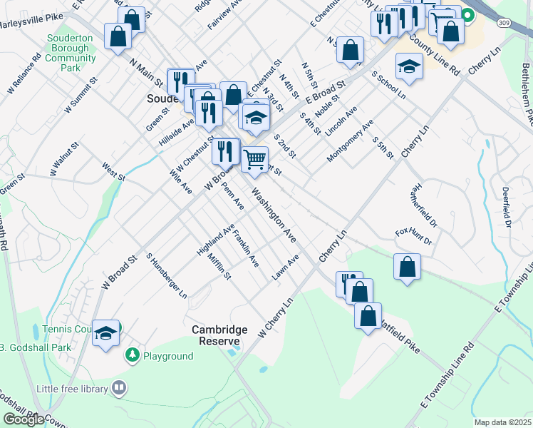 map of restaurants, bars, coffee shops, grocery stores, and more near 118 Washington Ave in Souderton
