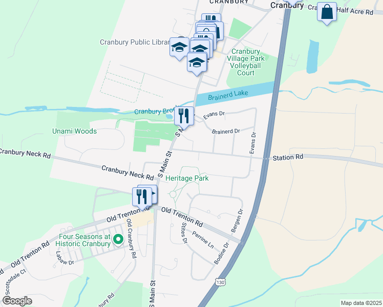 map of restaurants, bars, coffee shops, grocery stores, and more near 16 Station Road in Cranbury Township