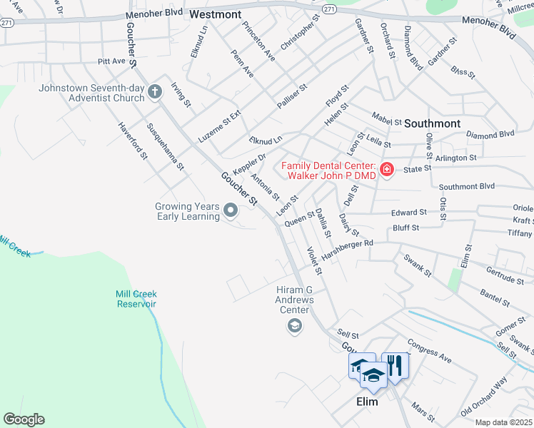 map of restaurants, bars, coffee shops, grocery stores, and more near Goucher Street in Johnstown