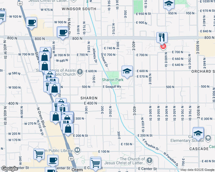 map of restaurants, bars, coffee shops, grocery stores, and more near 237 500 North in Orem