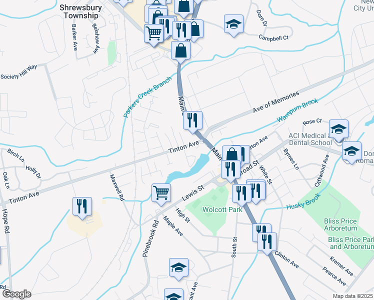 map of restaurants, bars, coffee shops, grocery stores, and more near 1 Lake Drive in Eatontown