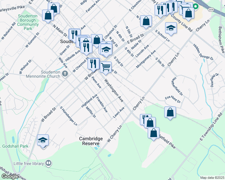 map of restaurants, bars, coffee shops, grocery stores, and more near 122 Washington Avenue in Souderton