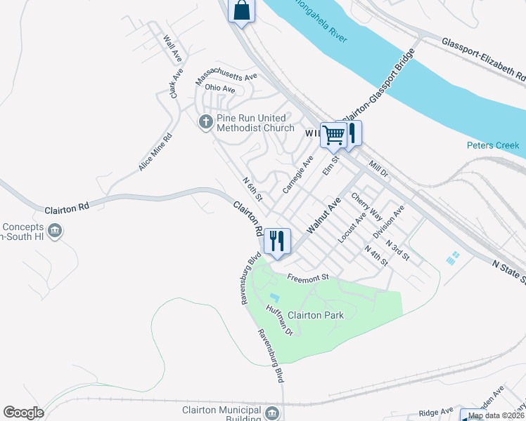 map of restaurants, bars, coffee shops, grocery stores, and more near 469 Carnegie Avenue in Clairton