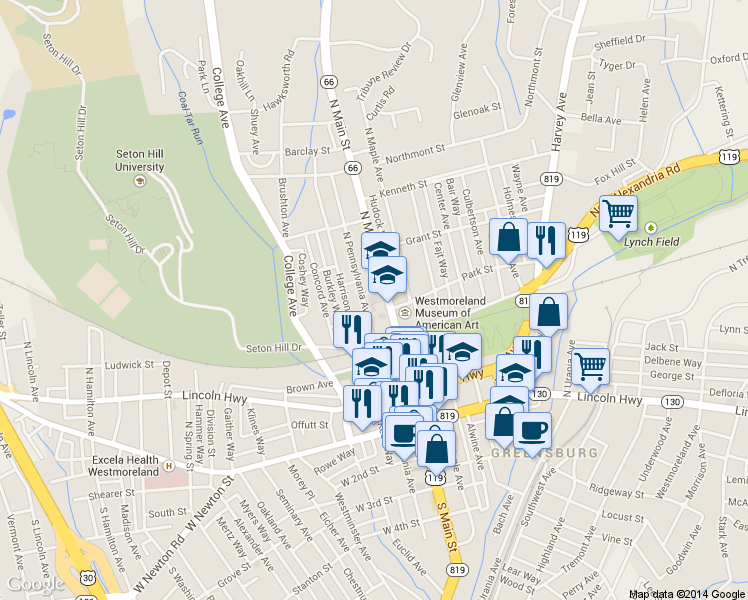 map of restaurants, bars, coffee shops, grocery stores, and more near 300 North Main Street in Greensburg