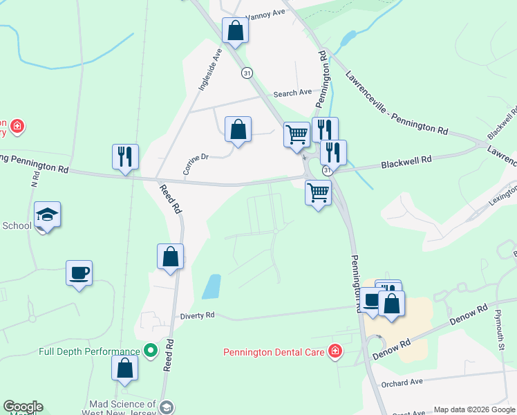 map of restaurants, bars, coffee shops, grocery stores, and more near 12 Washington Crossing Pennington Road in Pennington