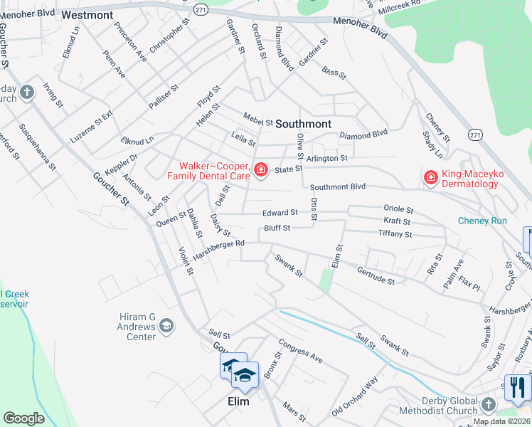 map of restaurants, bars, coffee shops, grocery stores, and more near 548 Edward Street in Johnstown