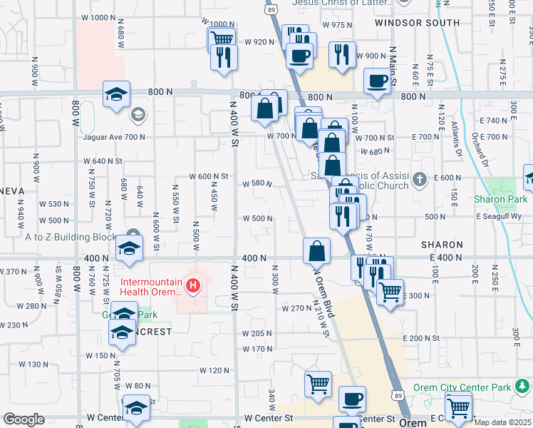 map of restaurants, bars, coffee shops, grocery stores, and more near 326 West 500 North in Orem