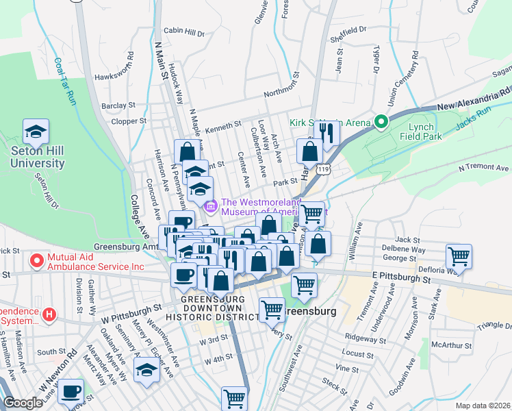 map of restaurants, bars, coffee shops, grocery stores, and more near 215 Center Avenue in Greensburg