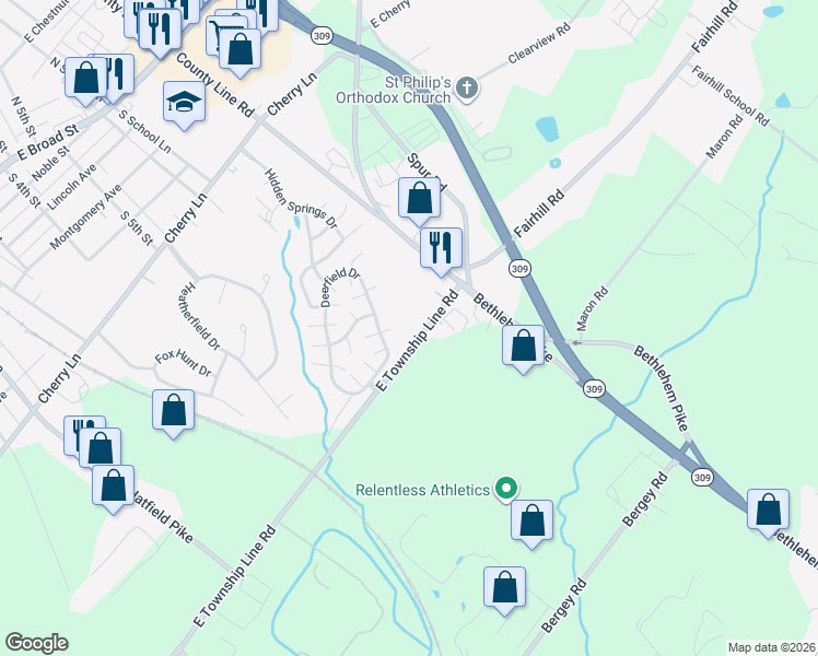 map of restaurants, bars, coffee shops, grocery stores, and more near 25 East Township Line Road in Souderton