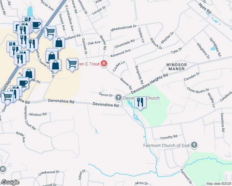 map of restaurants, bars, coffee shops, grocery stores, and more near 5618 Devon Drive in Harrisburg