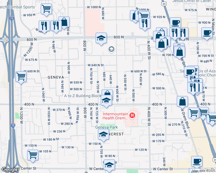 map of restaurants, bars, coffee shops, grocery stores, and more near 652 West 500 North in Orem