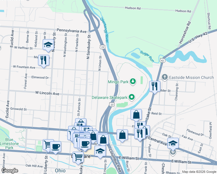 map of restaurants, bars, coffee shops, grocery stores, and more near 40 Blymer Street in Delaware