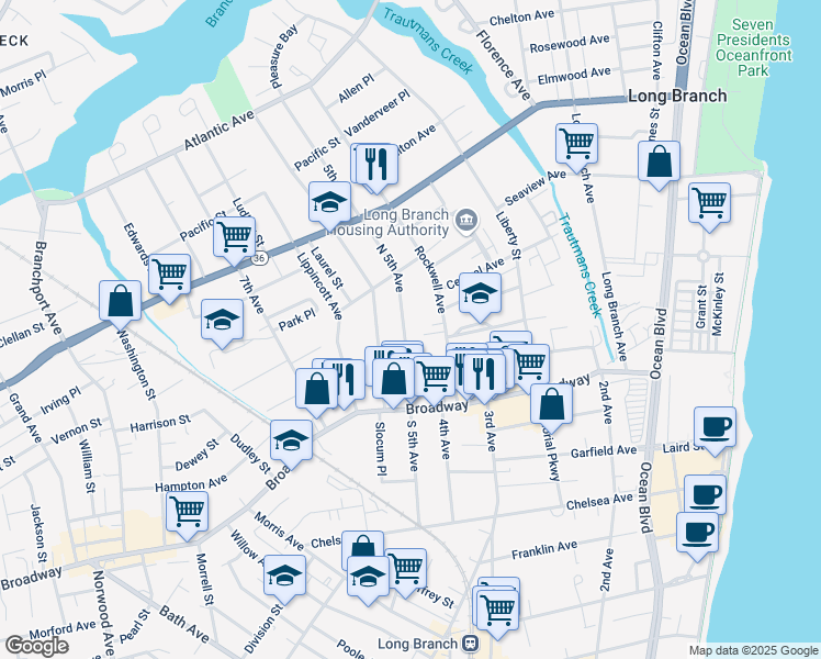 map of restaurants, bars, coffee shops, grocery stores, and more near 63 North 5th Avenue in Long Branch