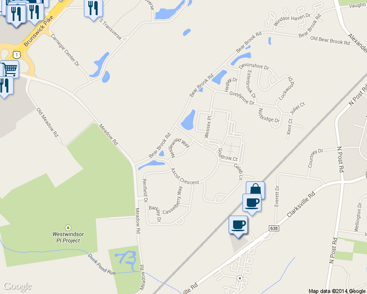 map of restaurants, bars, coffee shops, grocery stores, and more near 5 Nestlewood Way in Princeton