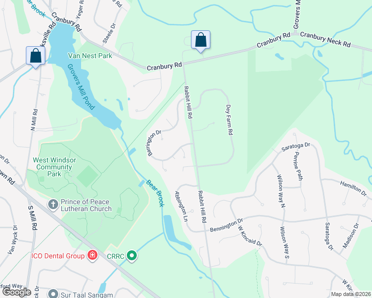map of restaurants, bars, coffee shops, grocery stores, and more near 1 Wakefield Circle in West Windsor Township