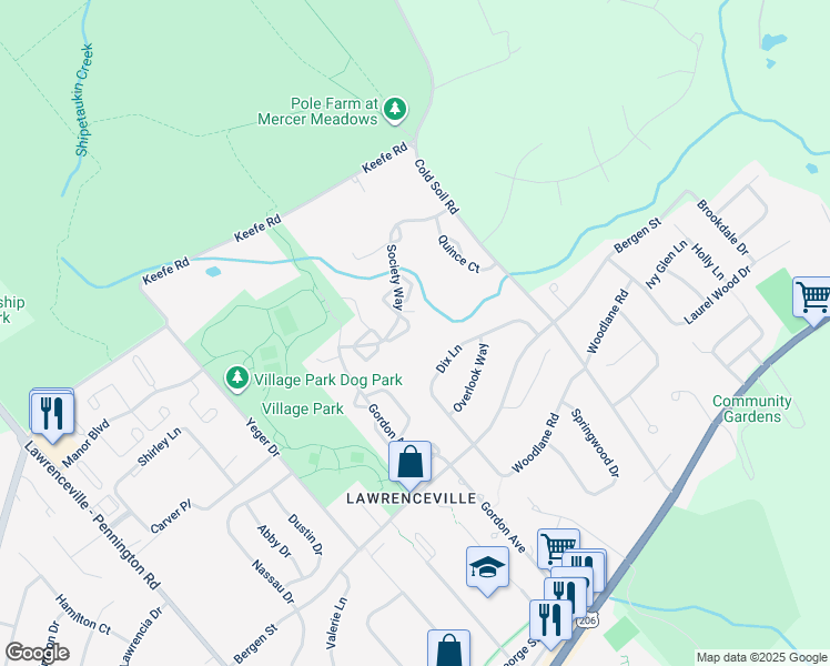 map of restaurants, bars, coffee shops, grocery stores, and more near 11 Azalea Court in Lawrence Township