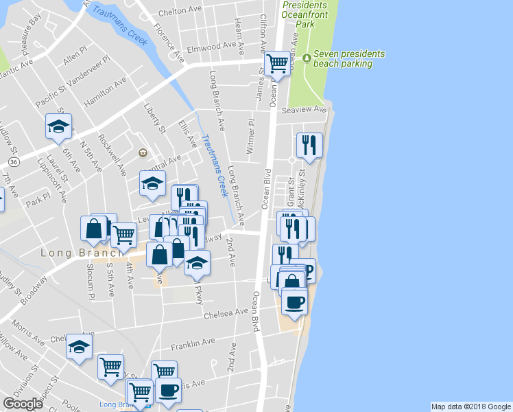 map of restaurants, bars, coffee shops, grocery stores, and more near 83 North Broadway in Long Branch