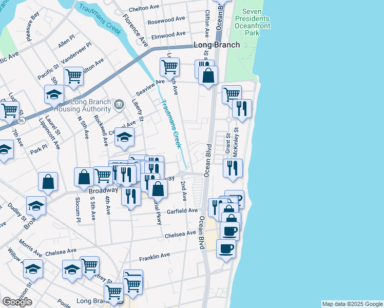 map of restaurants, bars, coffee shops, grocery stores, and more near 17 Long Branch Avenue in Long Branch