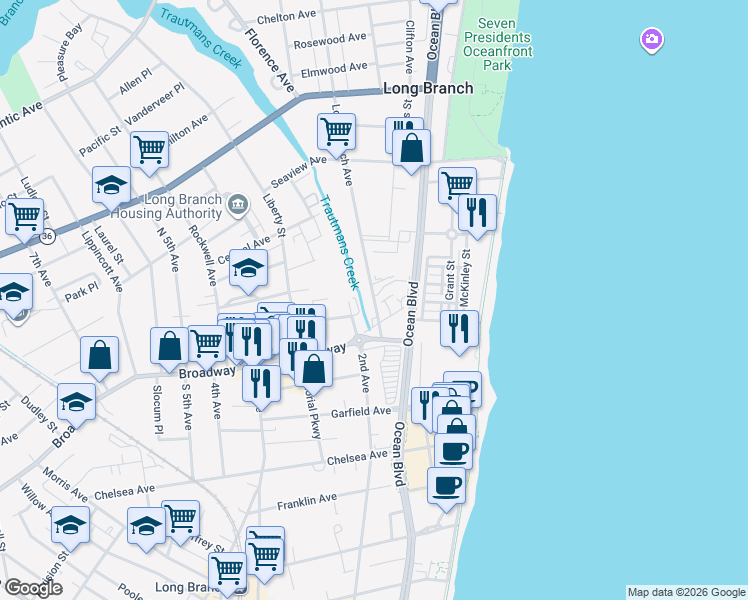 map of restaurants, bars, coffee shops, grocery stores, and more near 18 Long Branch Avenue in Long Branch