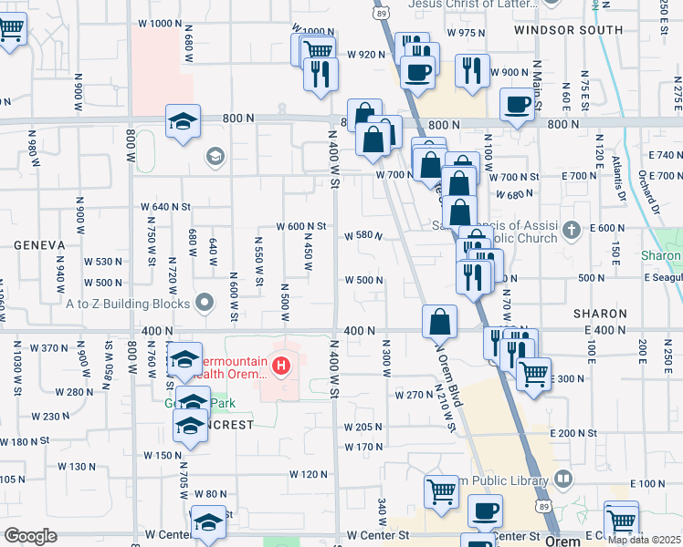 map of restaurants, bars, coffee shops, grocery stores, and more near 516 North 400 West in Orem