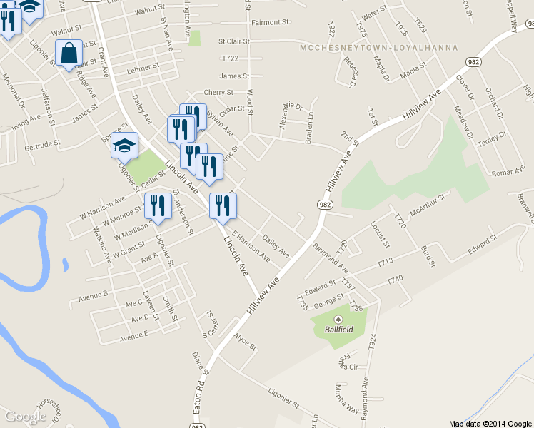map of restaurants, bars, coffee shops, grocery stores, and more near 2147 Raymond Avenue in Latrobe