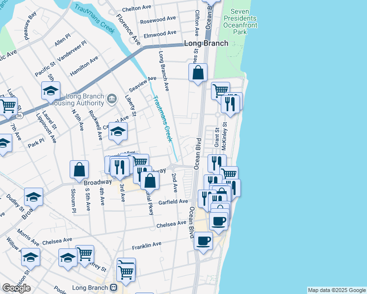map of restaurants, bars, coffee shops, grocery stores, and more near 17 Long Branch Avenue in Long Branch