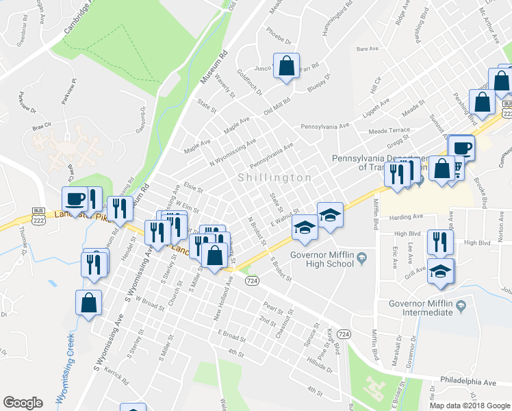map of restaurants, bars, coffee shops, grocery stores, and more near 131 East Elm Street in Shillington