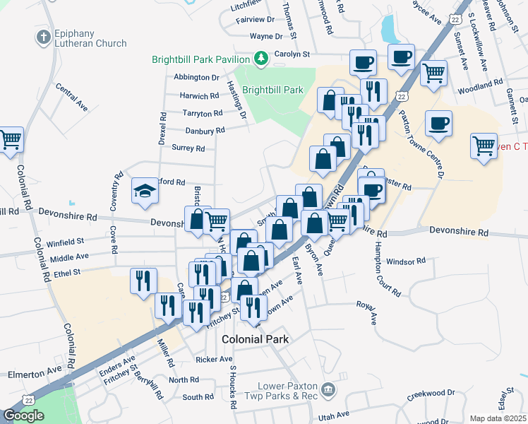 map of restaurants, bars, coffee shops, grocery stores, and more near 4900 Smith St in Harrisburg