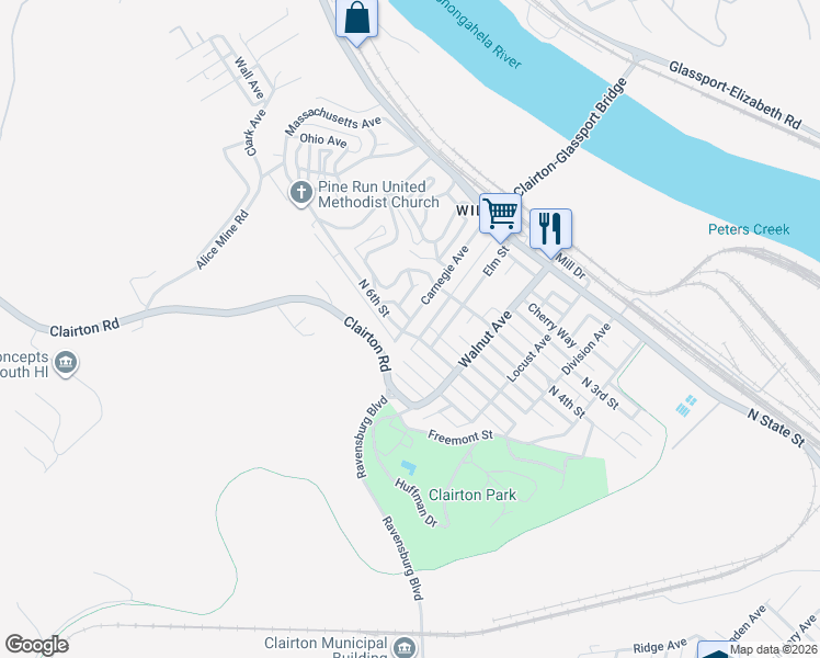 map of restaurants, bars, coffee shops, grocery stores, and more near 469 Carnegie Ave in Clairton