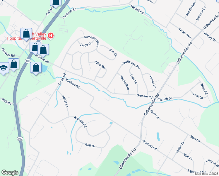 map of restaurants, bars, coffee shops, grocery stores, and more near 1325 Grosser Road in Gilbertsville