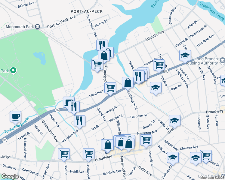 map of restaurants, bars, coffee shops, grocery stores, and more near 207 Branchport Avenue in Long Branch