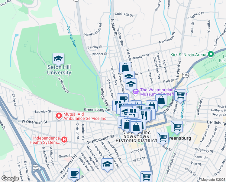 map of restaurants, bars, coffee shops, grocery stores, and more near 325 Concord Avenue in Greensburg