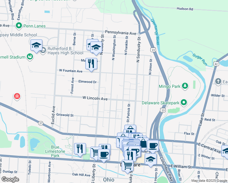 map of restaurants, bars, coffee shops, grocery stores, and more near 235 North Washington Street in Delaware