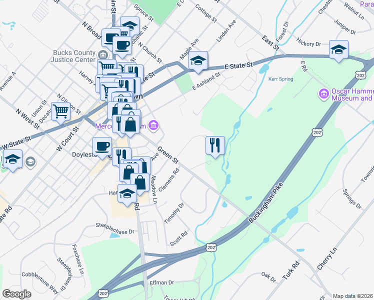 map of restaurants, bars, coffee shops, grocery stores, and more near 140 Hillendale Drive in Doylestown