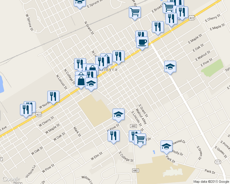 map of restaurants, bars, coffee shops, grocery stores, and more near 122 East Maple Street in Palmyra